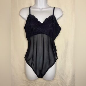 Express Sheer Lace Bodysuit in Navy Blue, size Large. BNWT